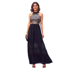 B. Darlin Maxi Dress Womens 6 Black Halter Beaded Chiffon Prom Formal Gown
